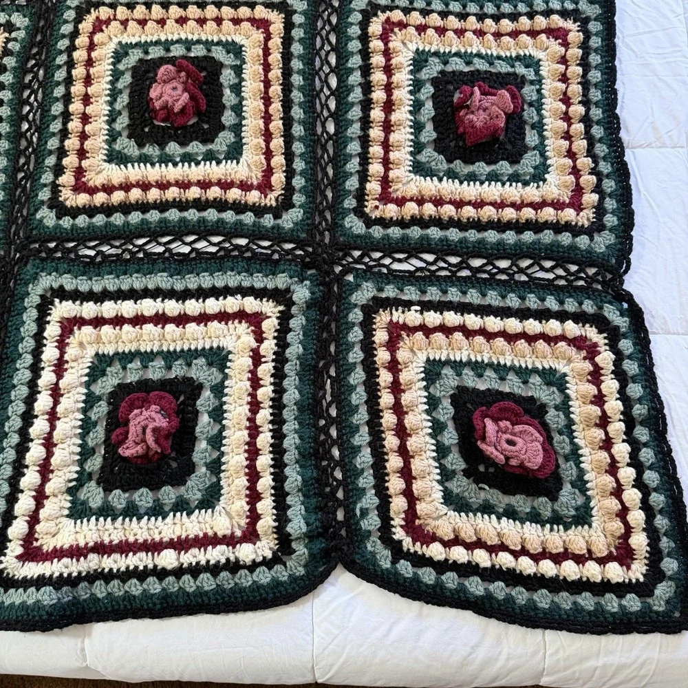 Hand Crocheted Granny Square Afghan Throw Blanket Floral 70